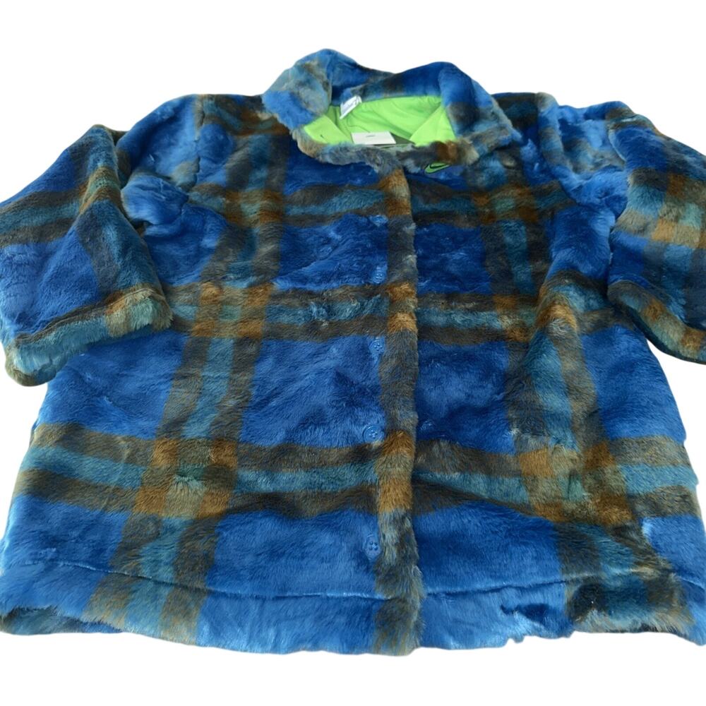 Nike Sportswear Women's Oversized Faux Fur Jacket Plaid DD4541-476 Size S
